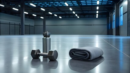 Smooth Gym Floor With Dumbbells, Reflective Water Bottle, and a Neatly Folded Towel Illuminated by Cool Overhead Lighting, Capturing Strength, Dedication, and Modern Fitness Aesthetics