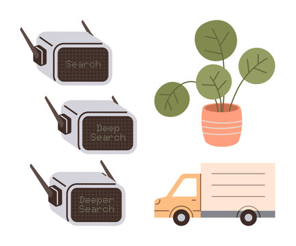 Radios display search progress levels, complemented by a thriving plant and moving truck. Ideal for growth, discovery, progress, sustainability, communication, exploration simplicity. Clean flat