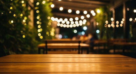 Empty wooden table in foreground with blurry restaurant bokeh lights at night
