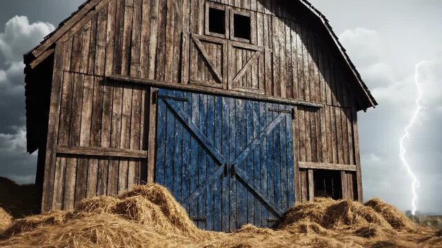 blue door video - A weathered wooden barn with blue double doors, crossbraced planks, and a loft window dominates a rural landscape. Foreground hay, storm clouds, and a lightning flash heighten mood