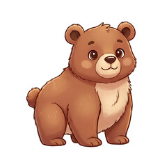 Fototapeta premium Cute cartoon brown bear with fluffy fur and big eyes sitting on a transparent background looking forward in a gentle pose