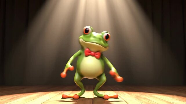 Red-eyed tree frog wearing a red bowtie standing confidently under a dramatic single spotlight on an empty stage with red curtains.