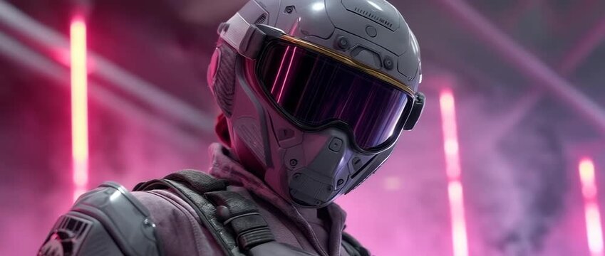 Under neon lights, an armored figure with visor panels, chest modules, and plating stands in a studio.