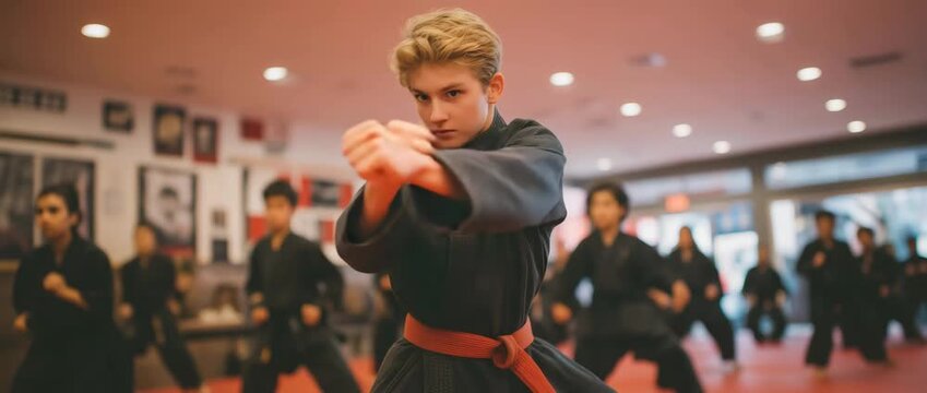 On dojo mats, a teenage martial artist wearing a black gi and red belt delivers a full-extension punch.