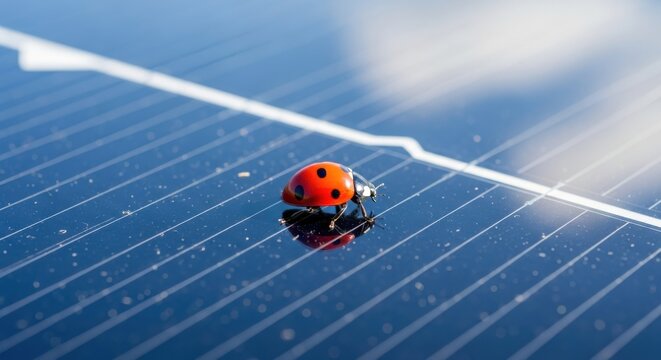 Macro of a red ladybug on a solar panel reflecting the blue sky