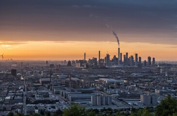 Naklejka premium Vast Urban Landscape with Industrial Facilities and Skyscrapers Under Sunset Sky