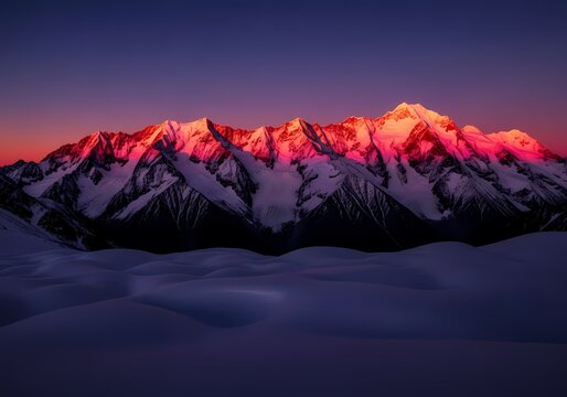 Snow-capped mountain range illuminated by vibrant pink and purple hues during sunrise or sunset