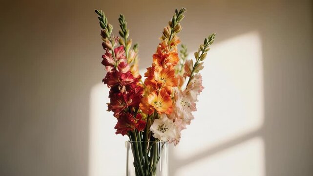 A bouquet of gladiolus flowers in a glass vase