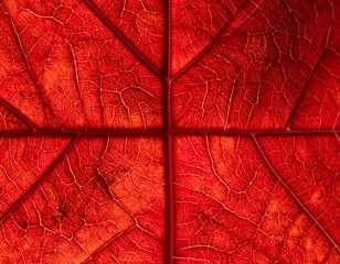 Fototapeta premium Close-up of a vibrant, autumn leaf showing its intricate veined structure. The red hues are intense, illuminated