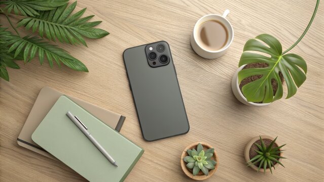 Modern workspace with smartphone notebook and plants - Powered by Adobe