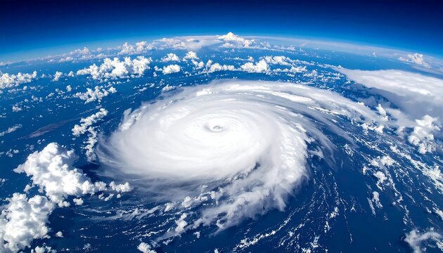 Aerial view of a massive hurricane over the ocean, showcasing swirling clouds and the eye of the storm. Blue sky and Earth's curve