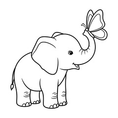Obraz premium Cute Cartoon Elephant With Butterfly, Coloring Page Illustration, ,coloring book