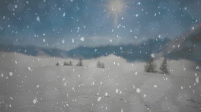 Winter landscape background snow fall creates a magical forest scene with trees and bright light rays.