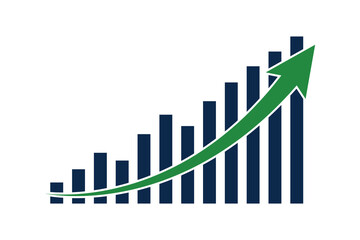 Growing bar graph with upward trending green arrow showing business progress.