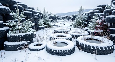 A scenic winter landscape featuring a field of stacked tires covered in snow with small evergreen trees and distant hills under a cloudy sky