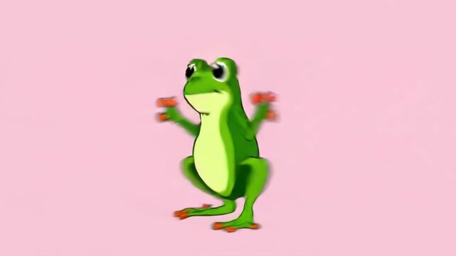 Adorable green cartoon frog with closed eyes and wide open mouth, looking very happy, animated on a pink background.