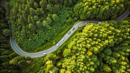 Aerial view of a winding road through a lush green forest