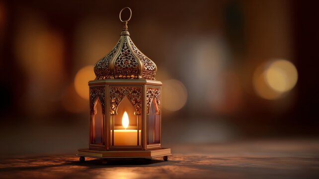 Glowing arabic lantern with burning candle illuminating warm festive ambiance for ramadan kareem celebration - Powered by Adobe