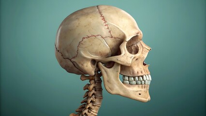 Detailed human skull and spine anatomical model in profile