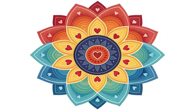 Colorful floral mandala design with heart accents, creating a vibrant and symmetrical pattern