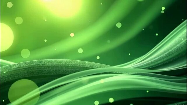 The images depict an abstract, dynamic scene dominated by flowing green waves and floating light orbs