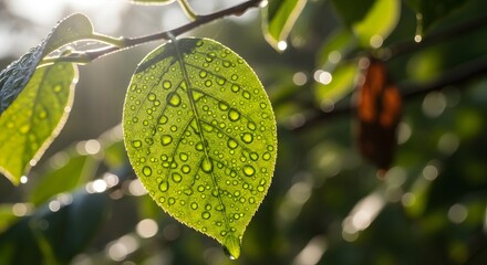 Close-up of a vibrant green leaf with water droplets illuminated by sunlight, showcasing the beauty of nature and fresh plant life in a natural setting