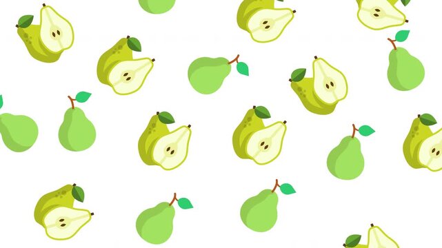Animated background of stylized green pears on a transparent alpha channel, ideal for food blogs, fruit packaging, recipe cards, and healthy eating promotions. Fresh, clean, and organic visual style.