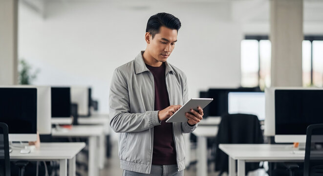 A man in a casual jacket stands in a modern office, looking at a tablet - Powered by Adobe