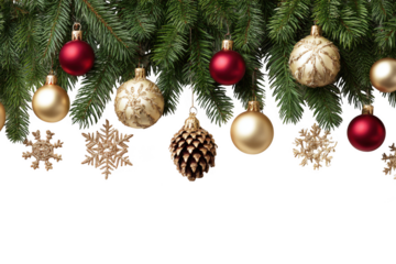 Holiday ornaments on pine branch isolated on transparent background