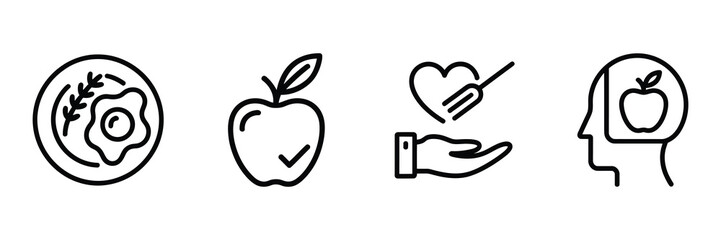 Set of four simple line art icons representing healthy eating and lifestyle choices isolated on white background