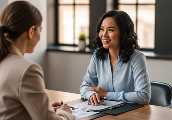 Two women in a business meeting, one interviewing the other, discussing documents on a table