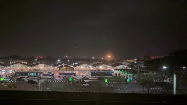 Skytrain at Soekarno Hatta Airport, Jakarta, Indonesia at night.