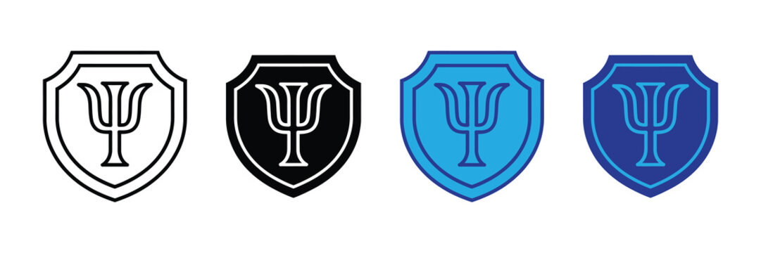 Four stylized shields featuring the greek letter psi symbol for psychology in outline black and blue variations isolated on white background