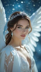Elegant woman with long brown hair wearing diamond tiara and feathered wings in white gown
