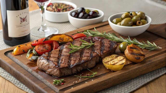 Grilled steak with roasted vegetables, herbs, olives, and wine, ideal for Mediterranean cuisine ads, gourmet restaurant menus, fine dining promotions, wine pairing blogs, or culinary lifestyle