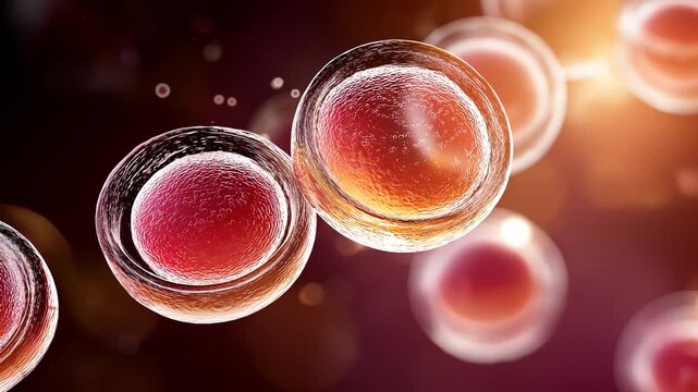 A macro photo of red microalgae Haematococcus pluvialis floating on clear water. Featuring luminous ruby-colored cells and translucent structures.