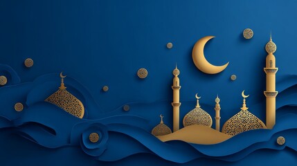 Elegant arabic ramadan kareem and eid mubarak modern wall background with islamic geometric patterns, festive crescent moon, lanterns, and golden accents for celebration decor