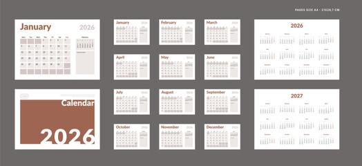 2026 Calendar Planner Set of Template Monthly Page with Note, Cover with Place for Photo, Company Logo, Annual 2026-2027. Vector layout of wall or desk organizer for print. Week start Monday. Pages A4