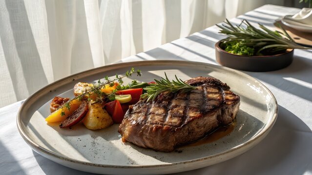 Grilled steak with roasted vegetables and fresh herbs, ideal for elegant dining promotions, upscale restaurant menus, gourmet food blogs, chef plating portfolios, or culinary editorial content
