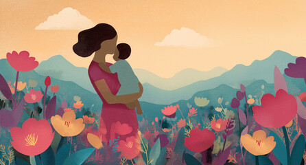 a mother holding her child in the distance, surrounded by beautiful flowers