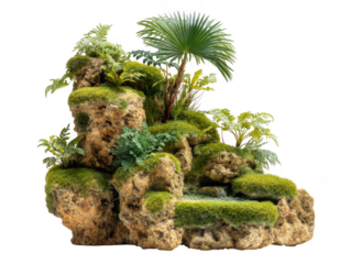 Miniature rock garden with moss and plants isolated on transparent background