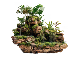Miniature waterfall with plants isolated on transparent background