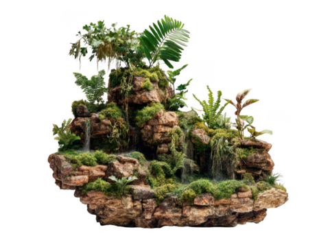 Miniature waterfall with plants isolated on transparent background