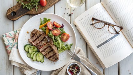 Healthy grilled steak salad with cucumbers and tomatoes next to open book, perfect for lifestyle blogs, wellness content, recipe websites, nutrition articles, or mindful eating promotional visuals