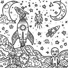 Black and White Coloring Pages  kids outer space atmosphere illustration