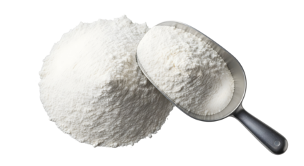 Close up of a scoop of white flour piled on a white background, ready for baking
