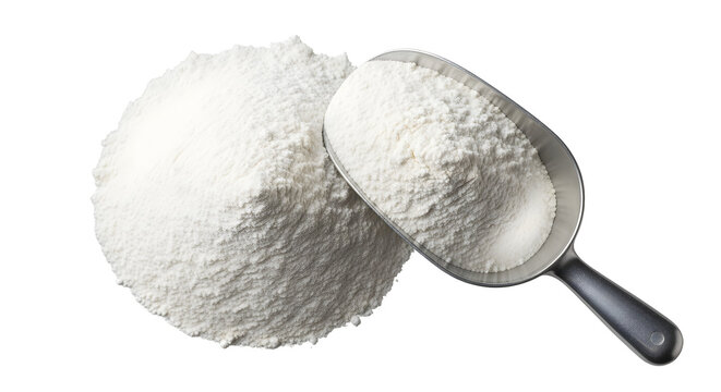 Close up of a scoop of white flour piled on a white background, ready for baking - Powered by Adobe