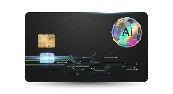 A stylized credit card design featuring an AI logo and circuit board elements.