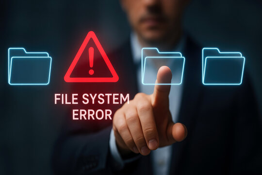 Businessman touching screen with file system error message and folder icons suit