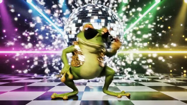Funky disco frog wearing sunglasses and a glittery vest, dancing under a shimmering disco ball and vibrant neon lights on a checkered dance floor.